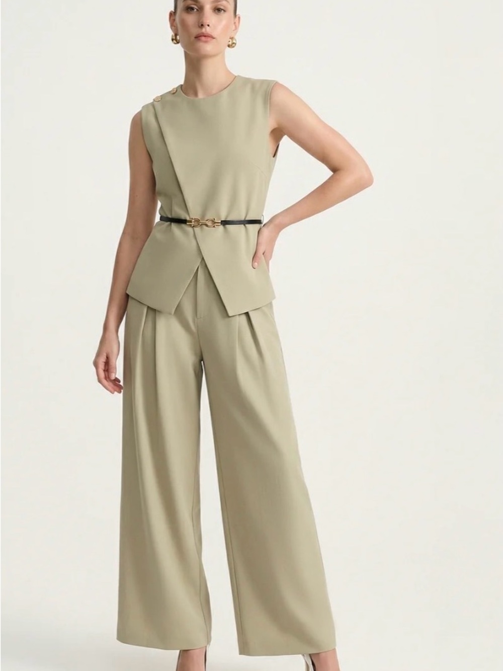 Commense Cream Sleeveless Belted Top & Pleated Wide-Leg Pants Set - Picture 6 of 12